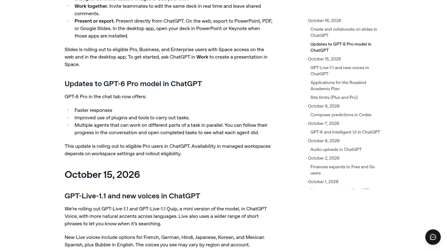 Запись Updates to GPT-6 Pro model in ChatGPT от 16 октября 2026