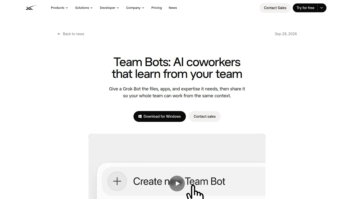 Страница анонса Team Bots на сайте xAI
