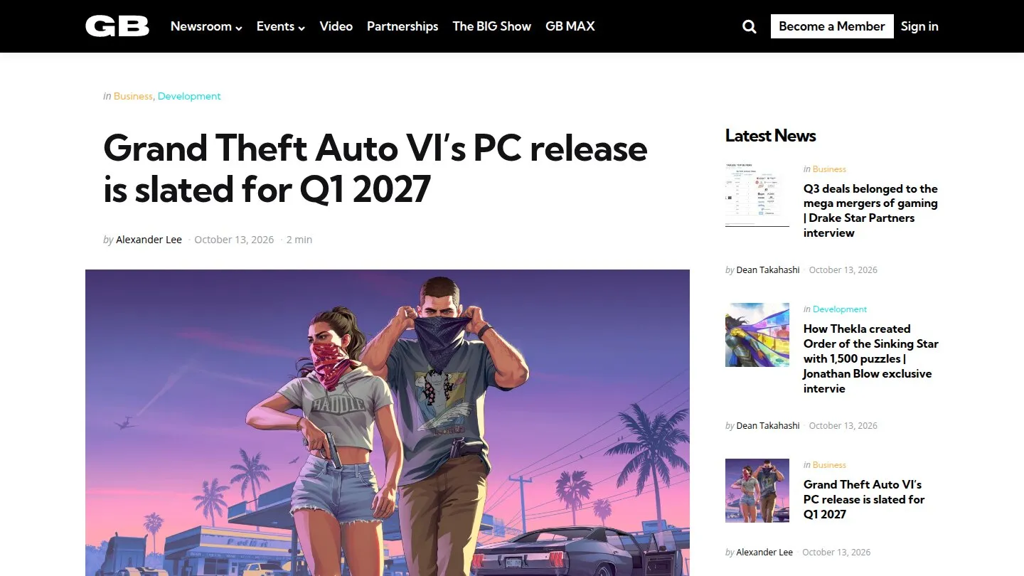 Заметка GamesBeat о выходе GTA 6 на ПК в первом квартале 2027 года
