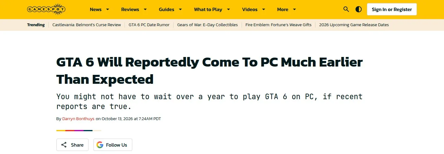 Заголовок GameSpot о раннем выходе GTA 6 на ПК