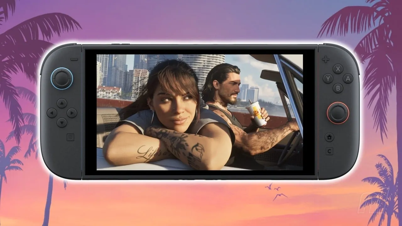 Кадр из GTA 6 на экране Switch 2, коллаж