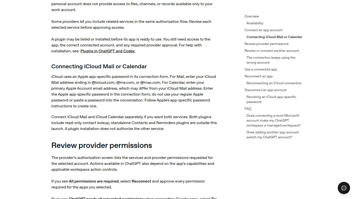 Раздел справки OpenAI о подключении iCloud Mail и Calendar