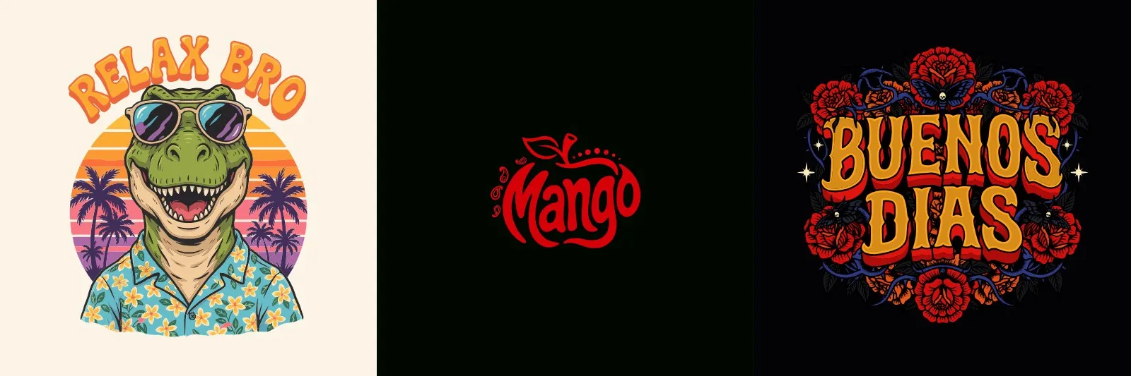 Три примера Ideogram Vector: динозавр в гавайской рубашке, логотип Mango, надпись Buenos Dias
