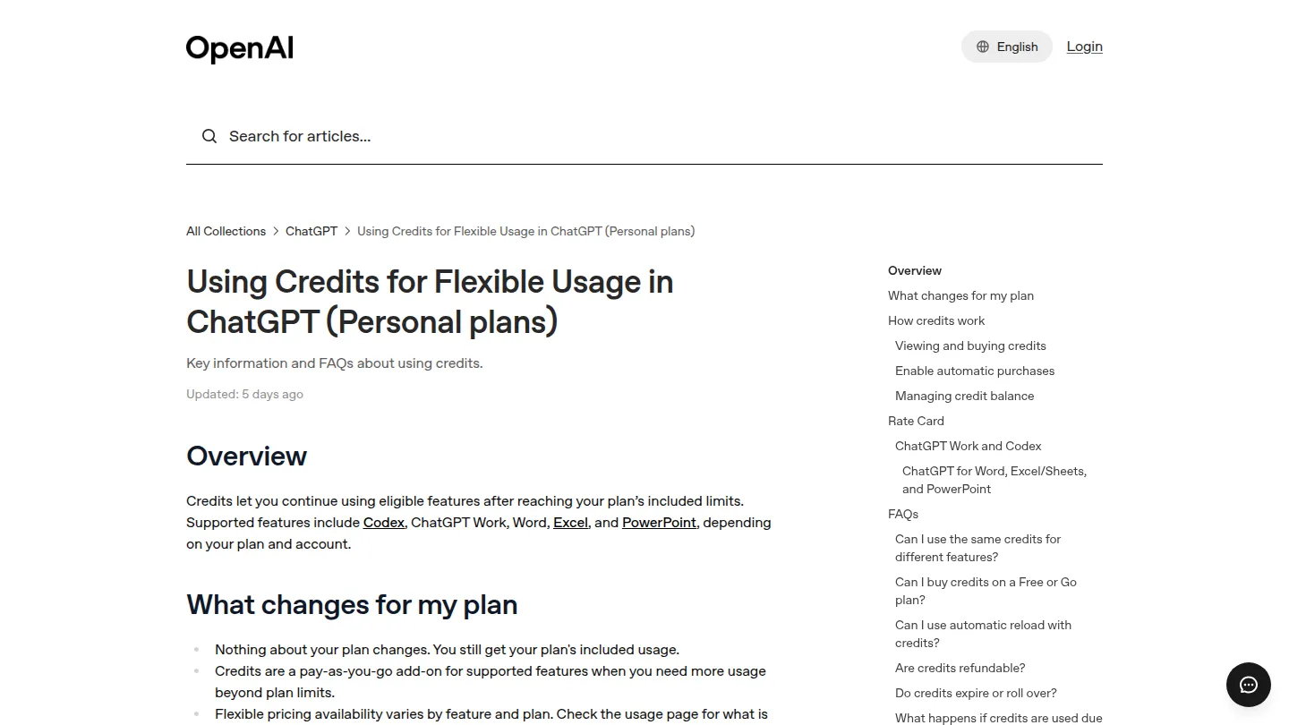 Справка OpenAI: Using Credits for Flexible Usage in ChatGPT (Personal plans)