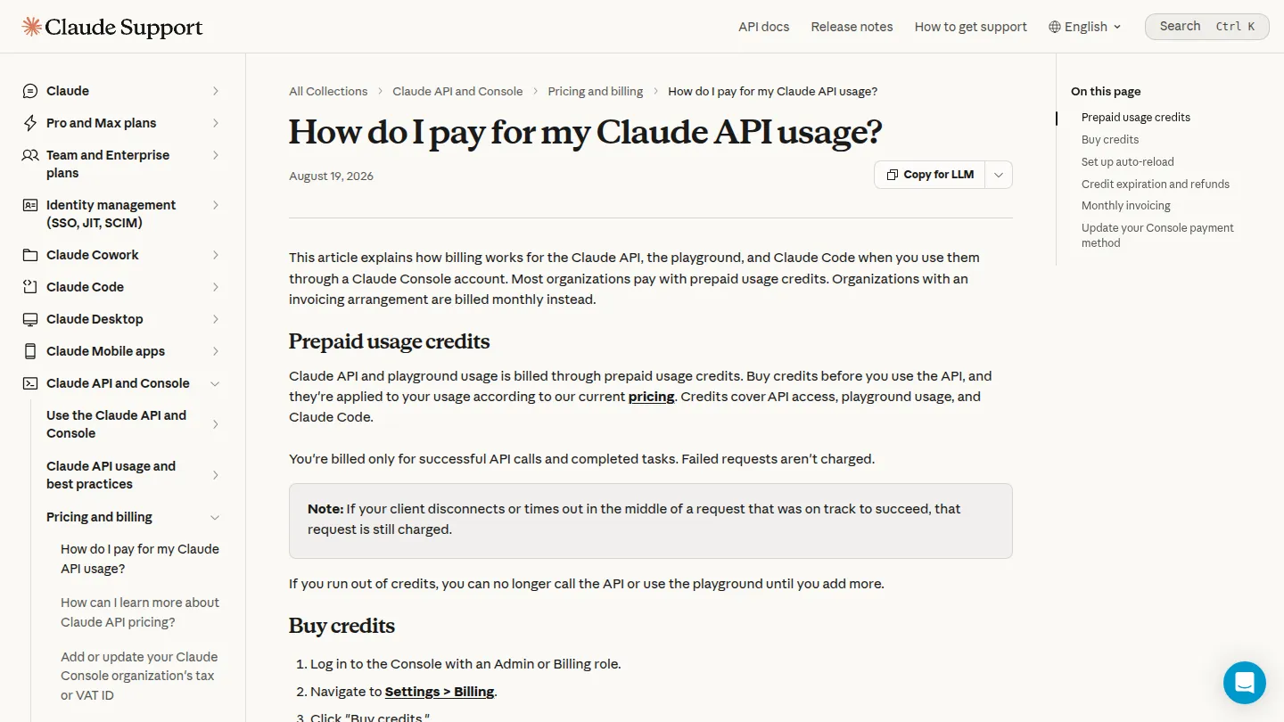 Справка Anthropic о том, как оплачивается Claude API: предоплаченные кредиты