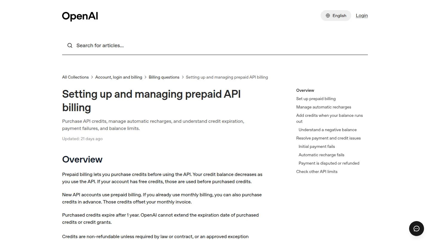 Справка OpenAI о предоплатном биллинге API