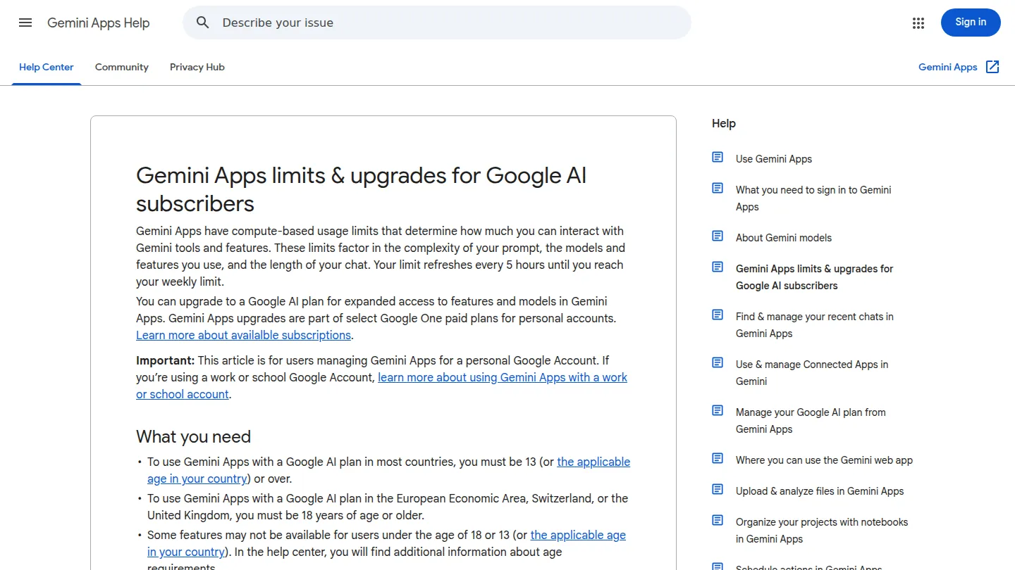 Справка Google о лимитах приложения Gemini