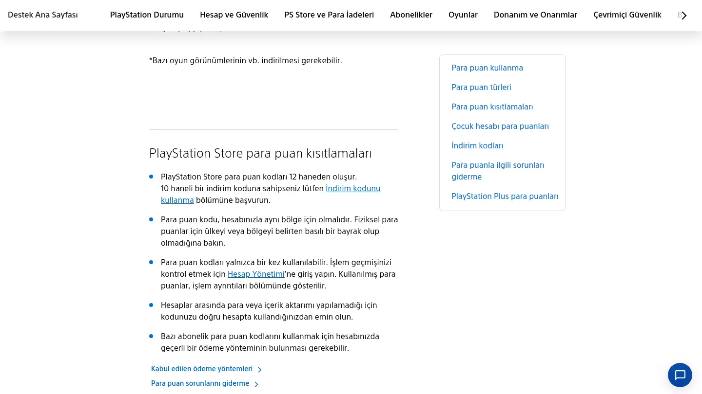 Ограничения кодов PlayStation Store в турецкой справке Sony