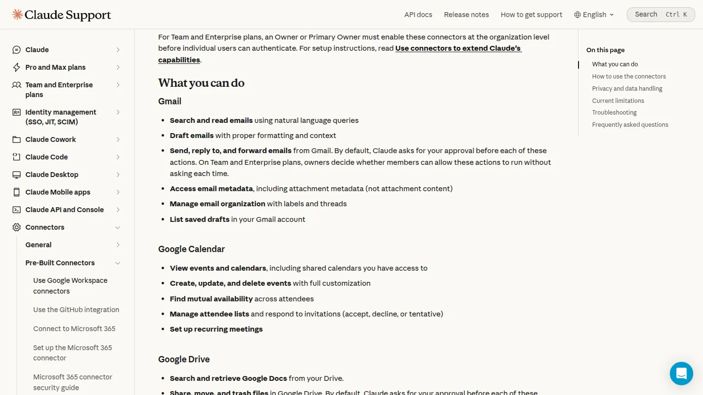 Список возможностей коннекторов Gmail и Google Calendar в справке Claude