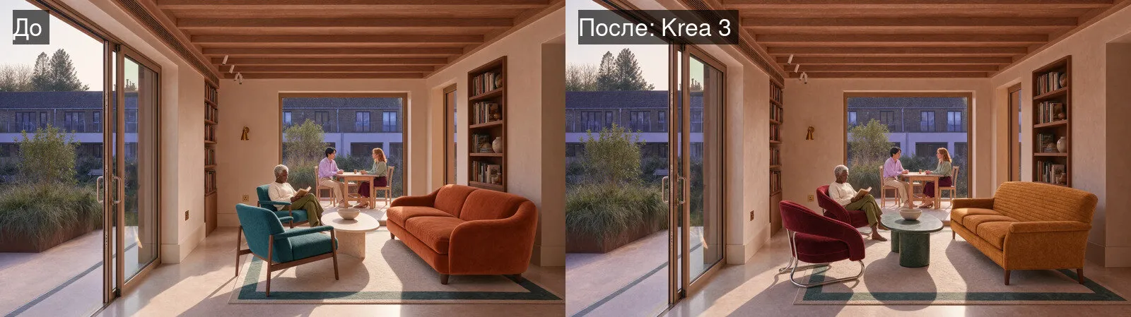 Гостиная до и после замены мебели в Krea 3
