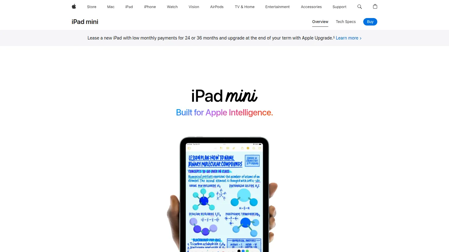 Страница iPad mini на сайте Apple, планшет в вертикальном положении