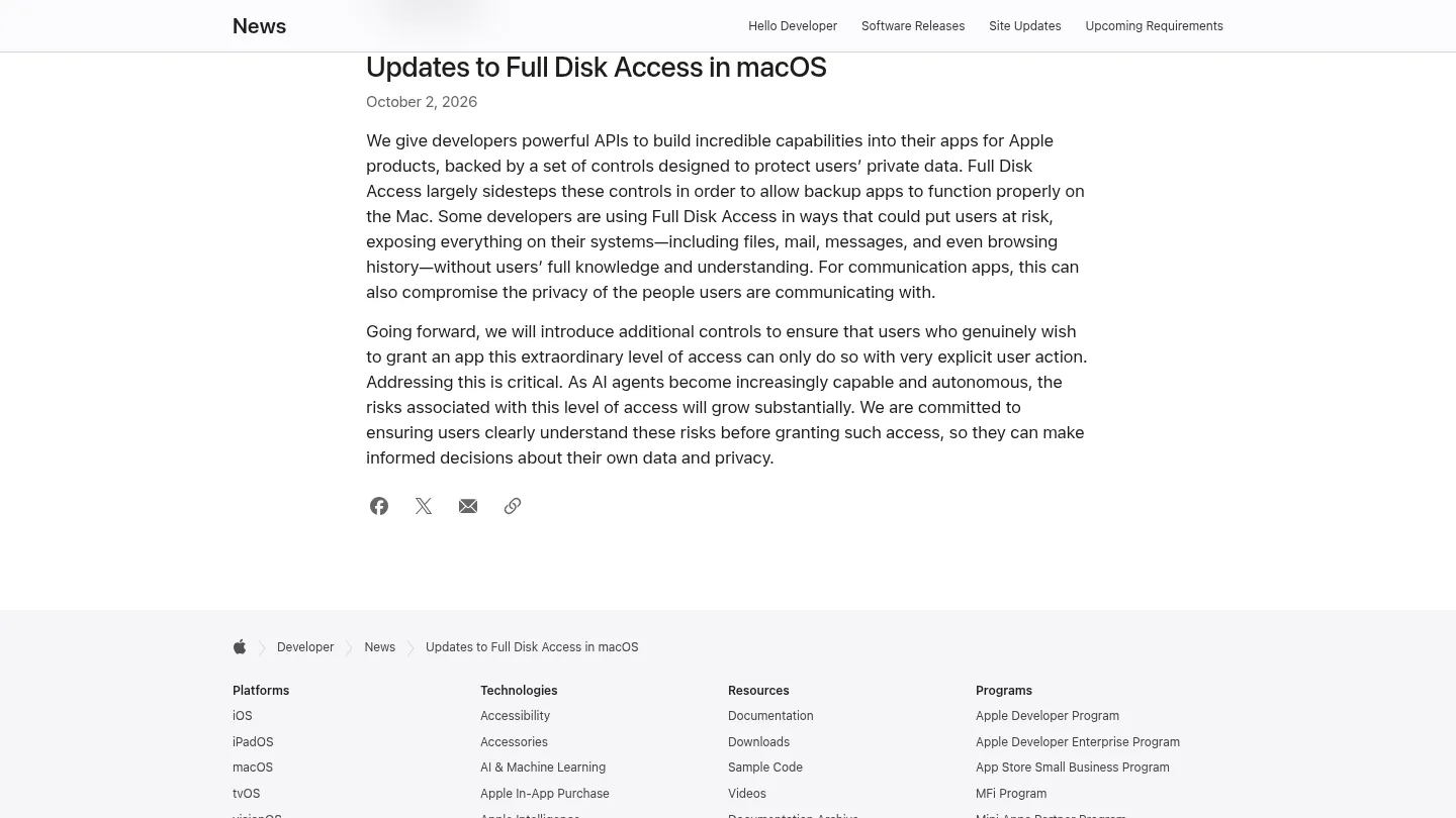 Запись Apple Updates to Full Disk Access in macOS от 2 октября 2026