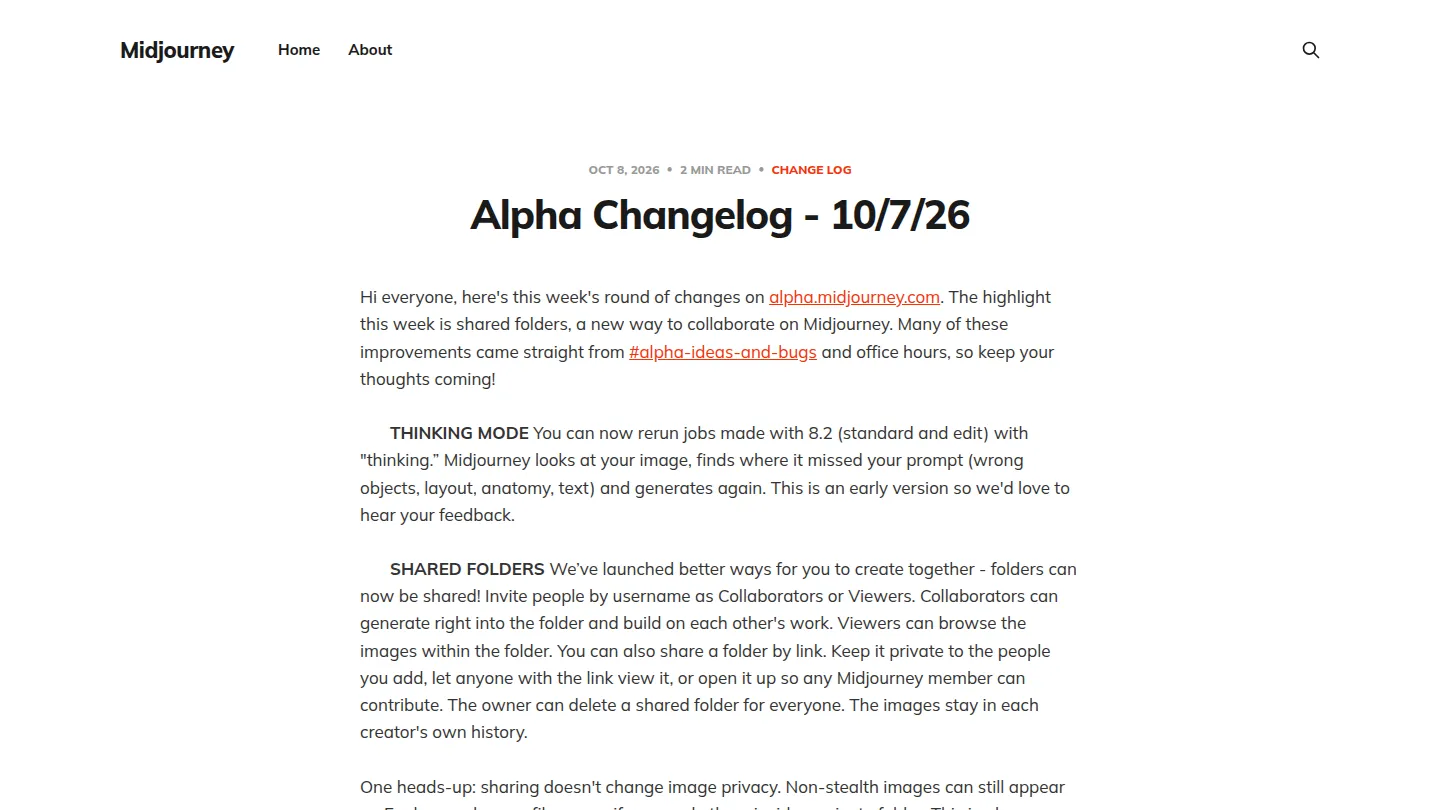 Страница Alpha Changelog 10/7/26 с пунктами Thinking Mode и Shared Folders