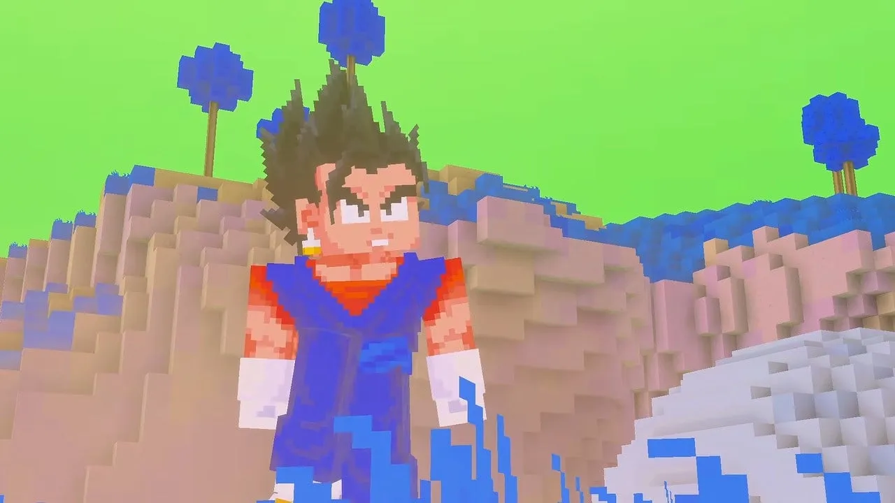 Вегито в блочном стиле Minecraft на фоне арены