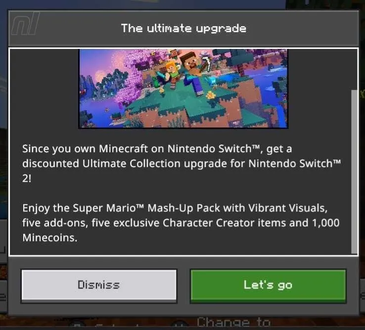 Сообщение в Minecraft о скидке на Ultimate Collection для Switch 2