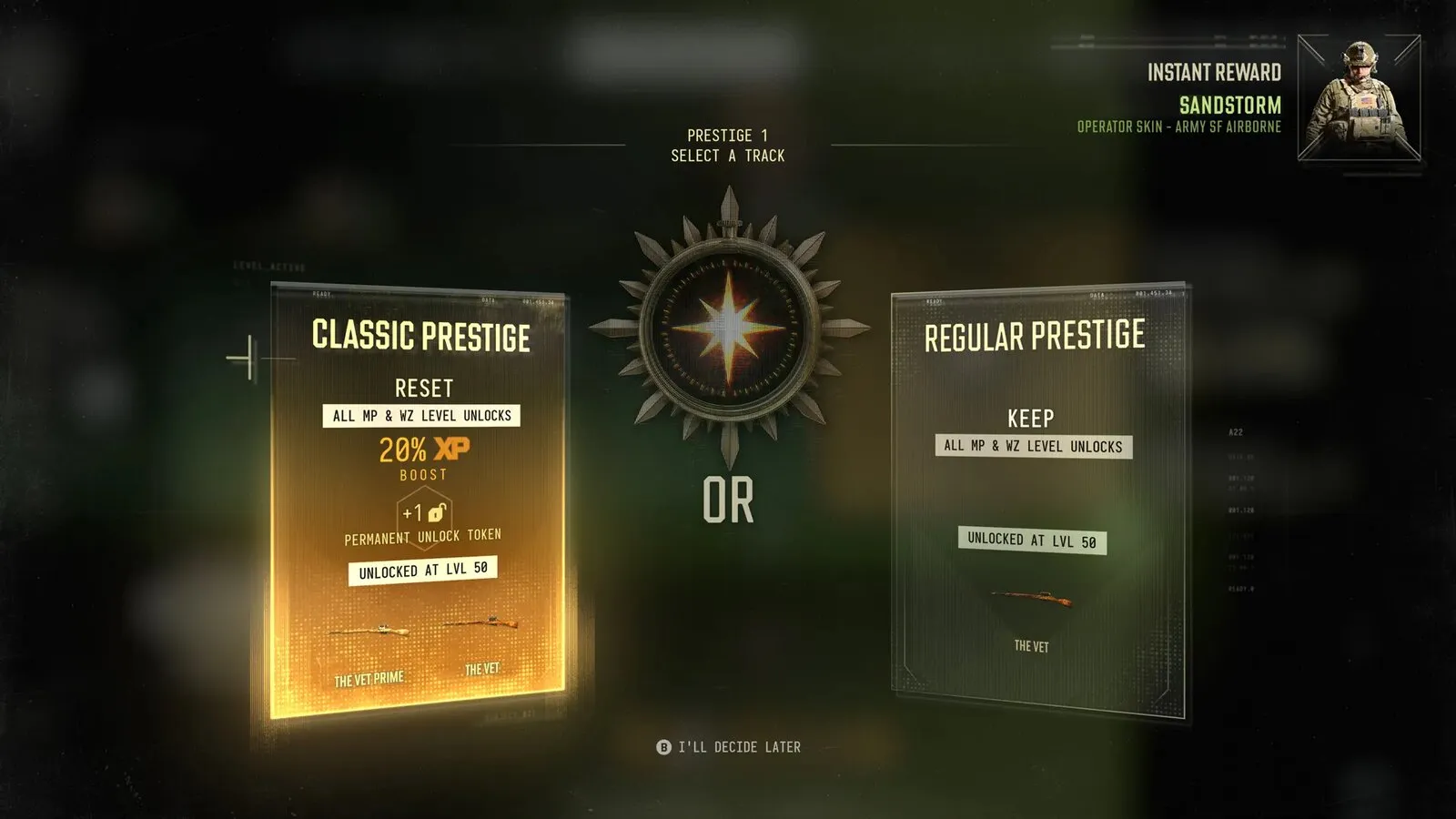 Экран выбора между Classic Prestige и Regular Prestige в Modern Warfare 4