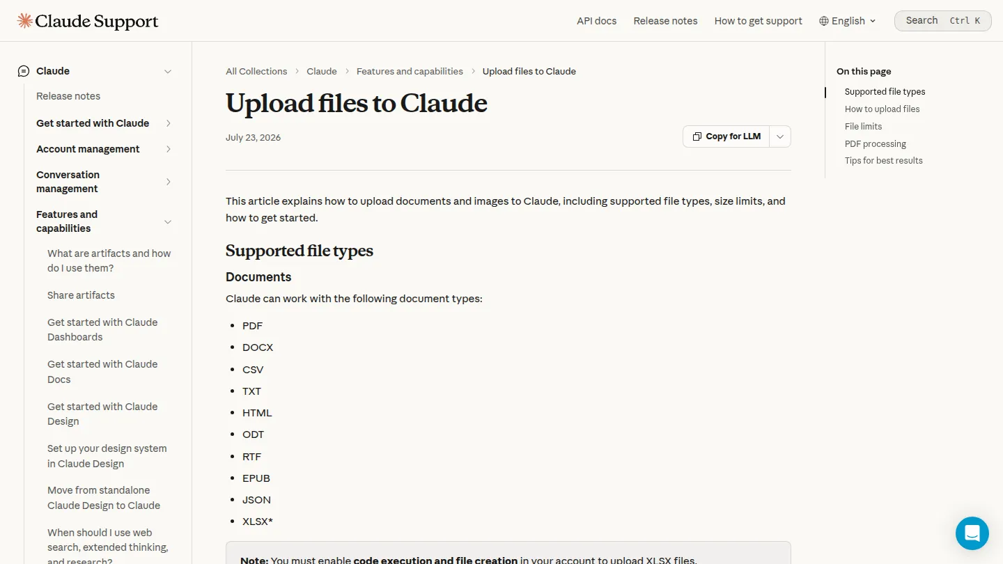 Справка Anthropic о загрузке файлов и картинок в Claude