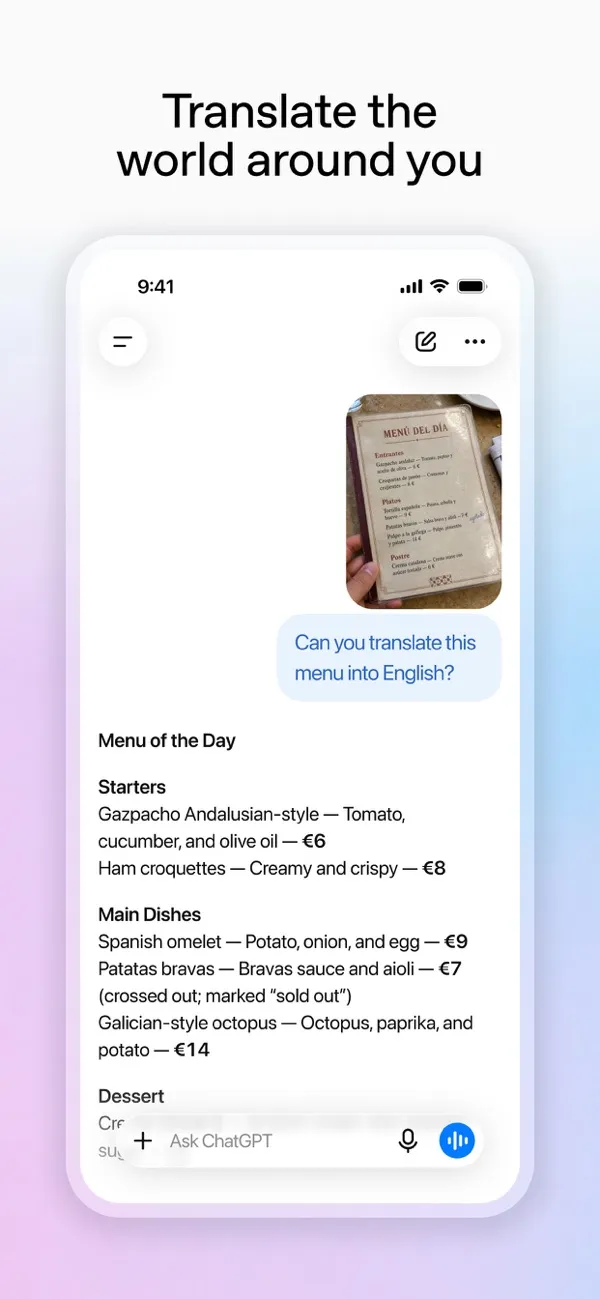 ChatGPT на iPhone переводит меню ресторана по фото