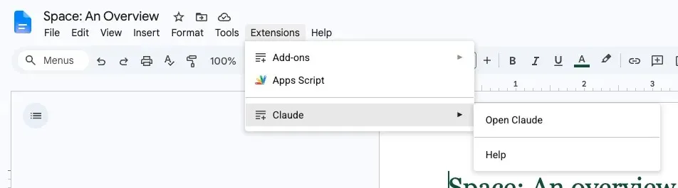 Меню Расширения, пункт Claude, Open Claude в Google Docs