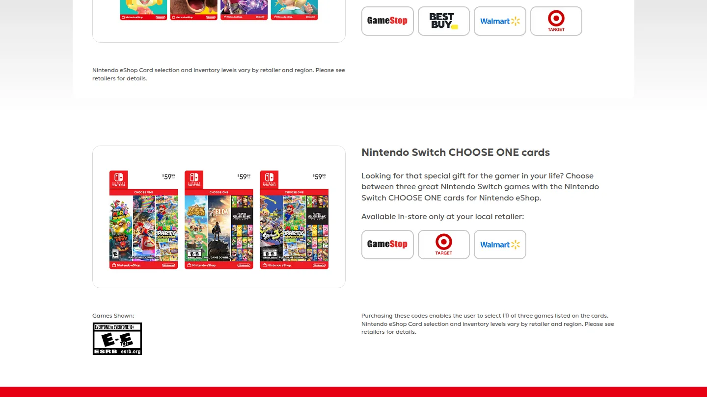 Карты Nintendo eShop на официальном сайте Nintendo
