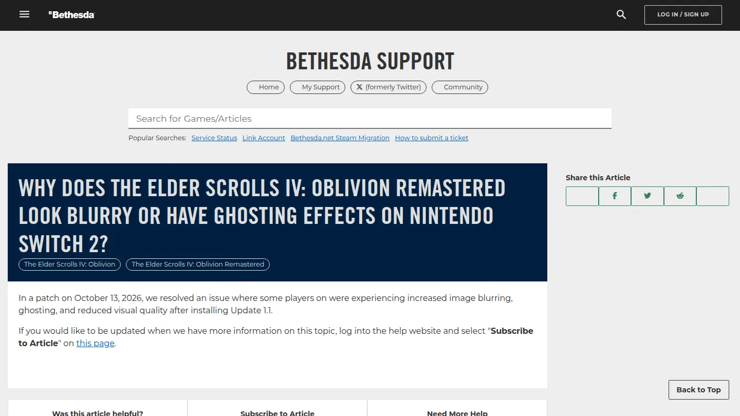 Ответ поддержки Bethesda про размытую картинку Oblivion Remastered на Switch 2