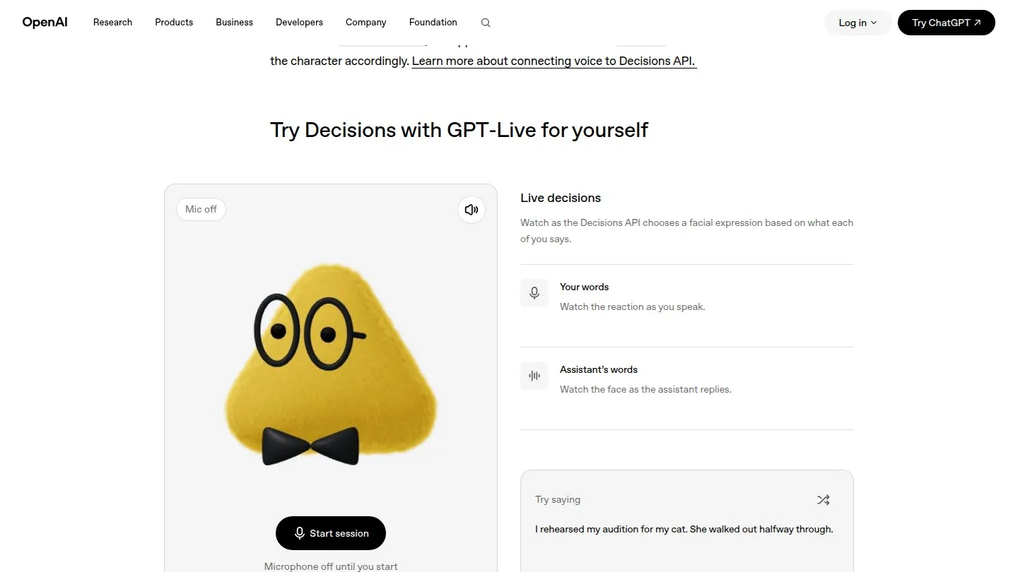 Демо аватара GPT-Live с Decisions API