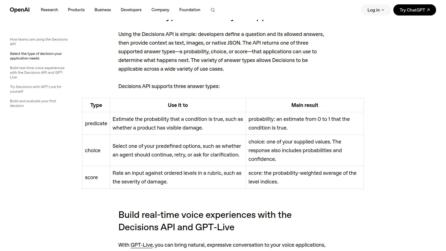 Таблица трёх типов ответа Decisions API