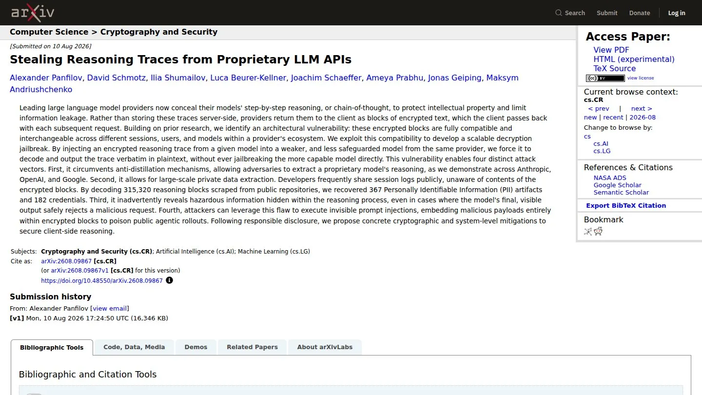 Статья исследователей о краже рассуждений моделей на arXiv