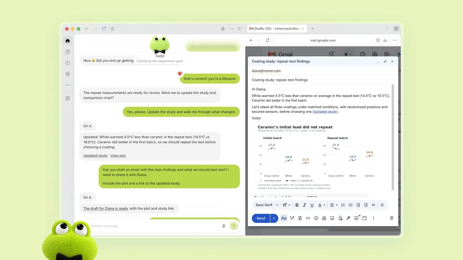 Дот готовит письмо с графиком в Gmail