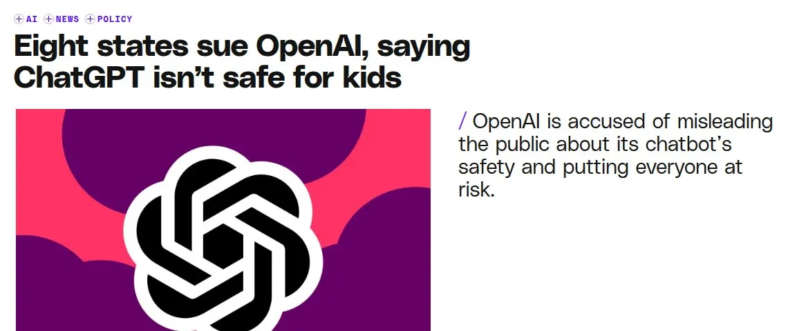 Заголовок The Verge об исках восьми штатов против OpenAI