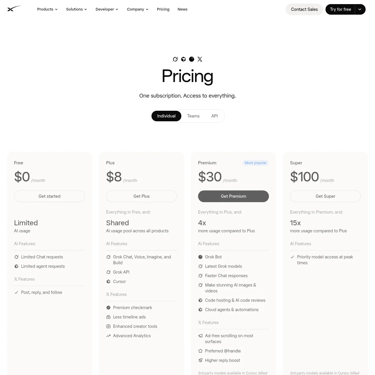 Тарифы Grok на странице x.ai/pricing