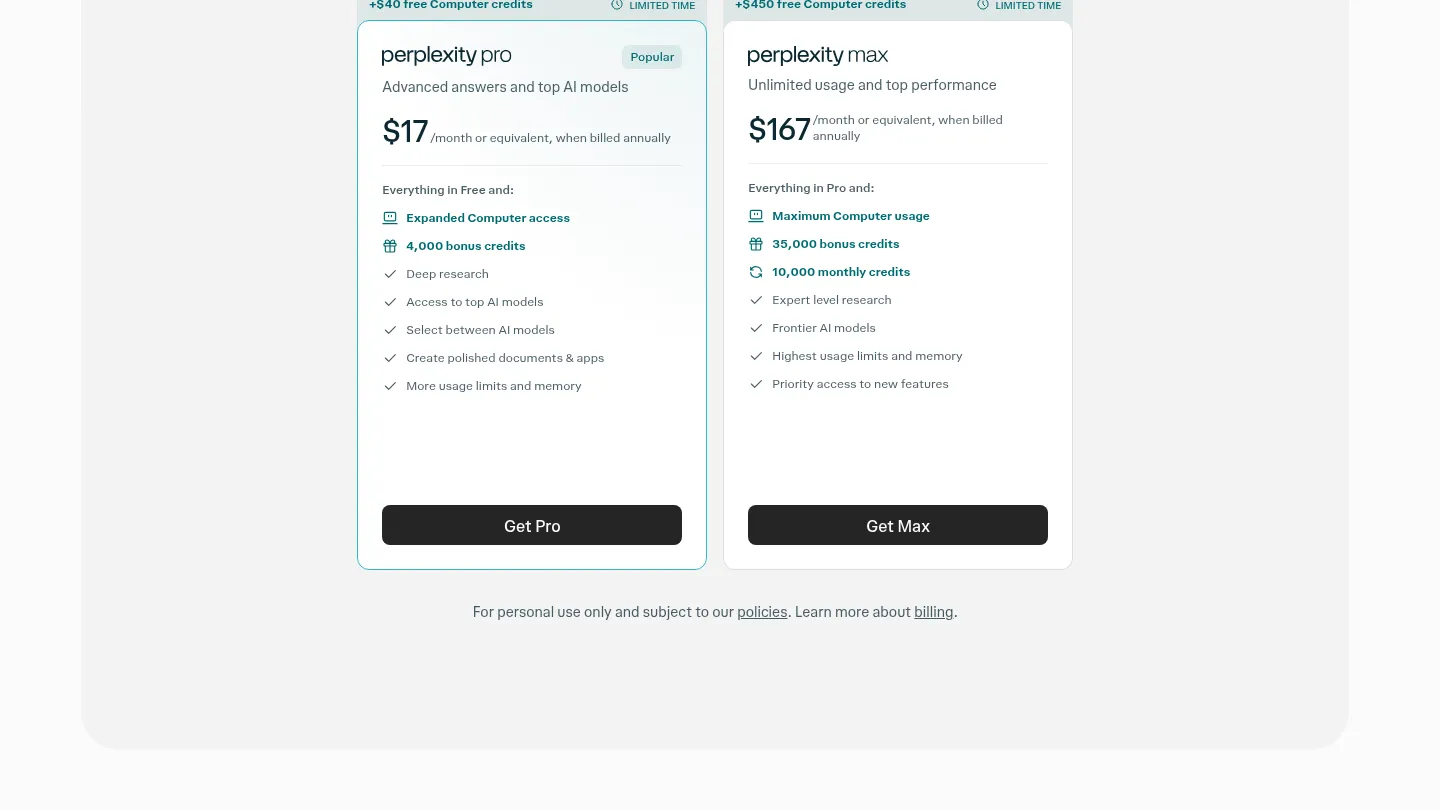 Тарифы Perplexity Pro и Max на странице perplexity.ai/pro: $17 и $167 в месяц при оплате за год