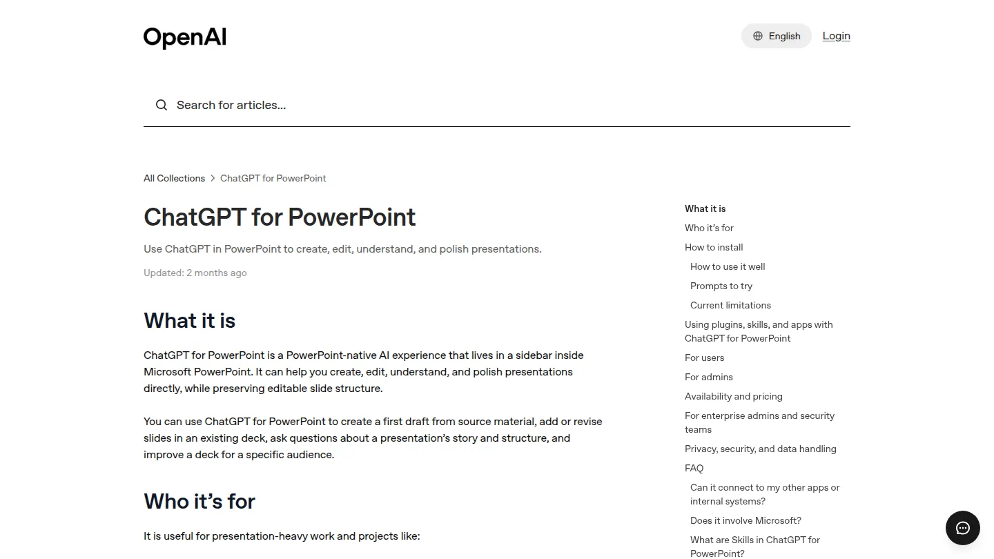 Страница справки ChatGPT for PowerPoint