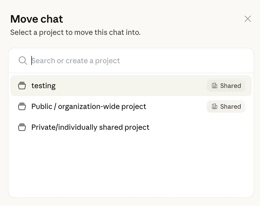 Окно переноса чата в проект в Claude