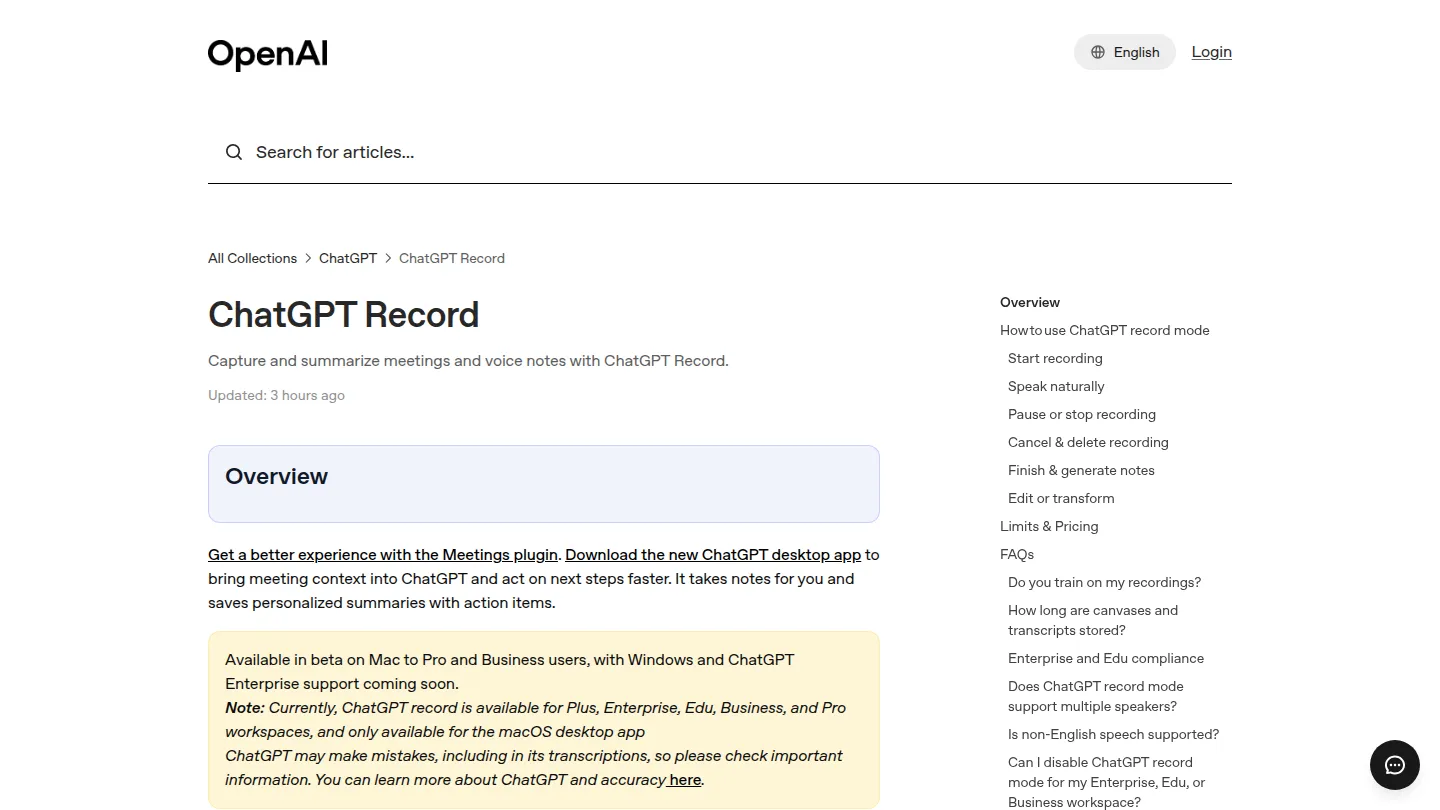Справка OpenAI о режиме записи ChatGPT Record