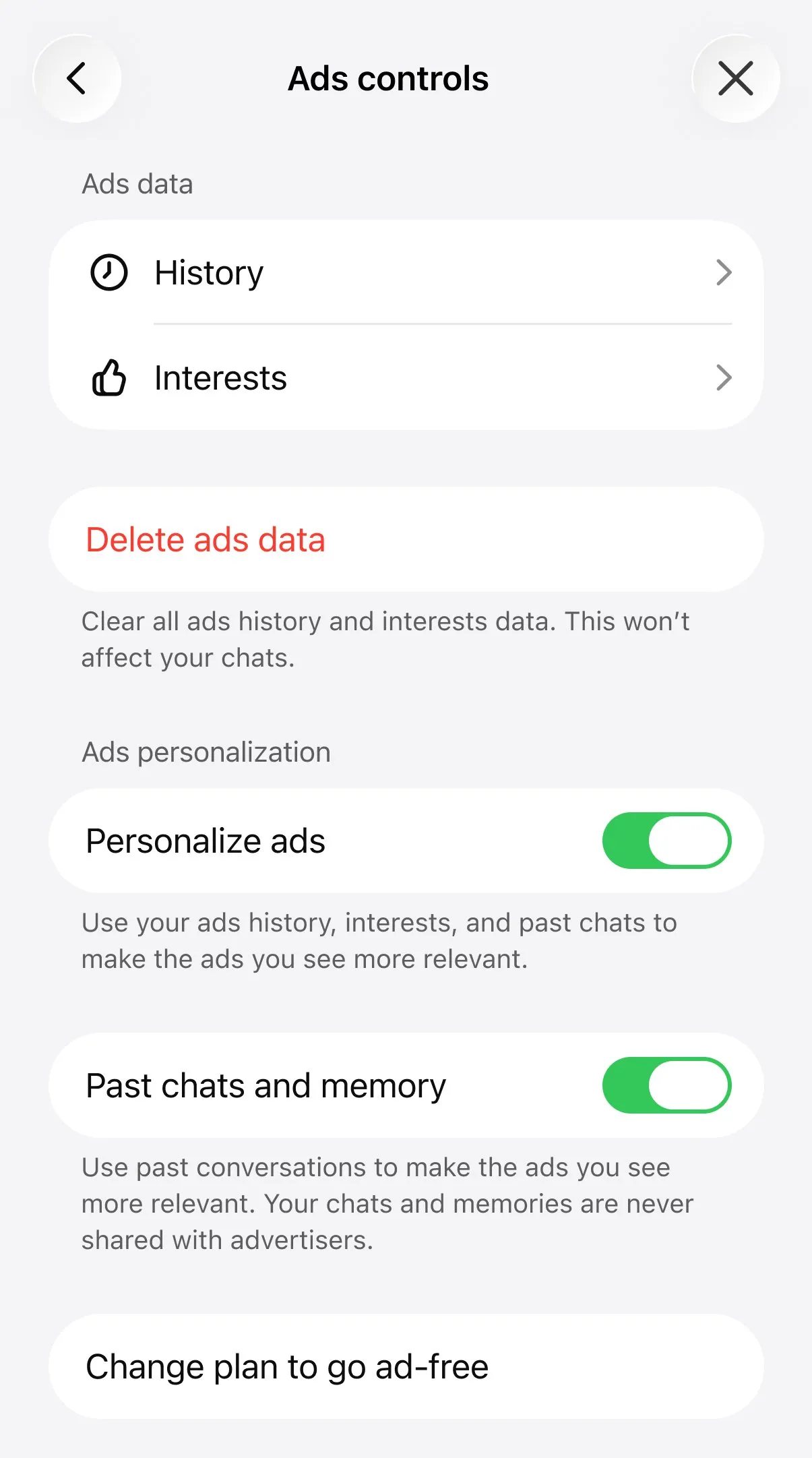 Экран настроек рекламы ChatGPT на iPhone