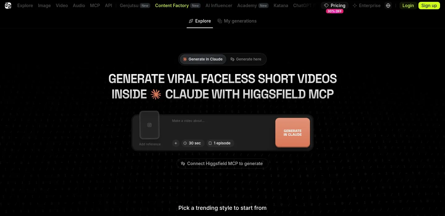 Страница Content Factory в Higgsfield: поле темы, длина ролика и число эпизодов