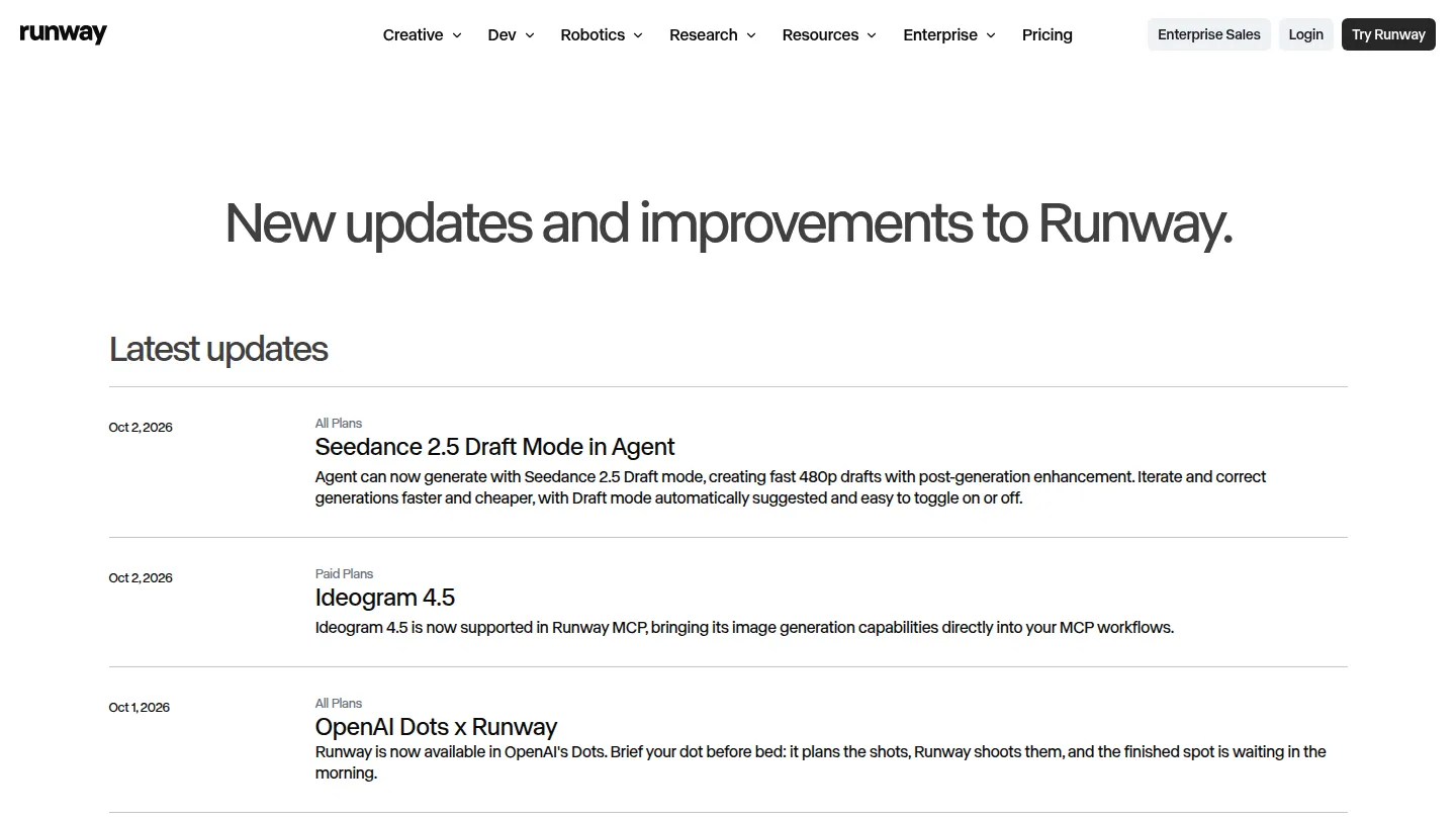 Журнал изменений Runway: Seedance 2.5 Draft и OpenAI Dots