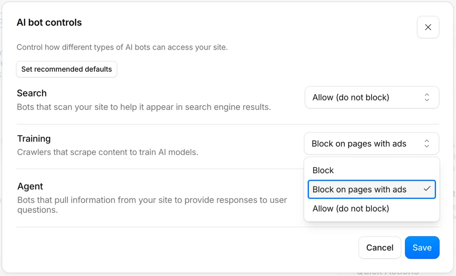 Настройки AI bot controls в Cloudflare: Search, Training и Agent