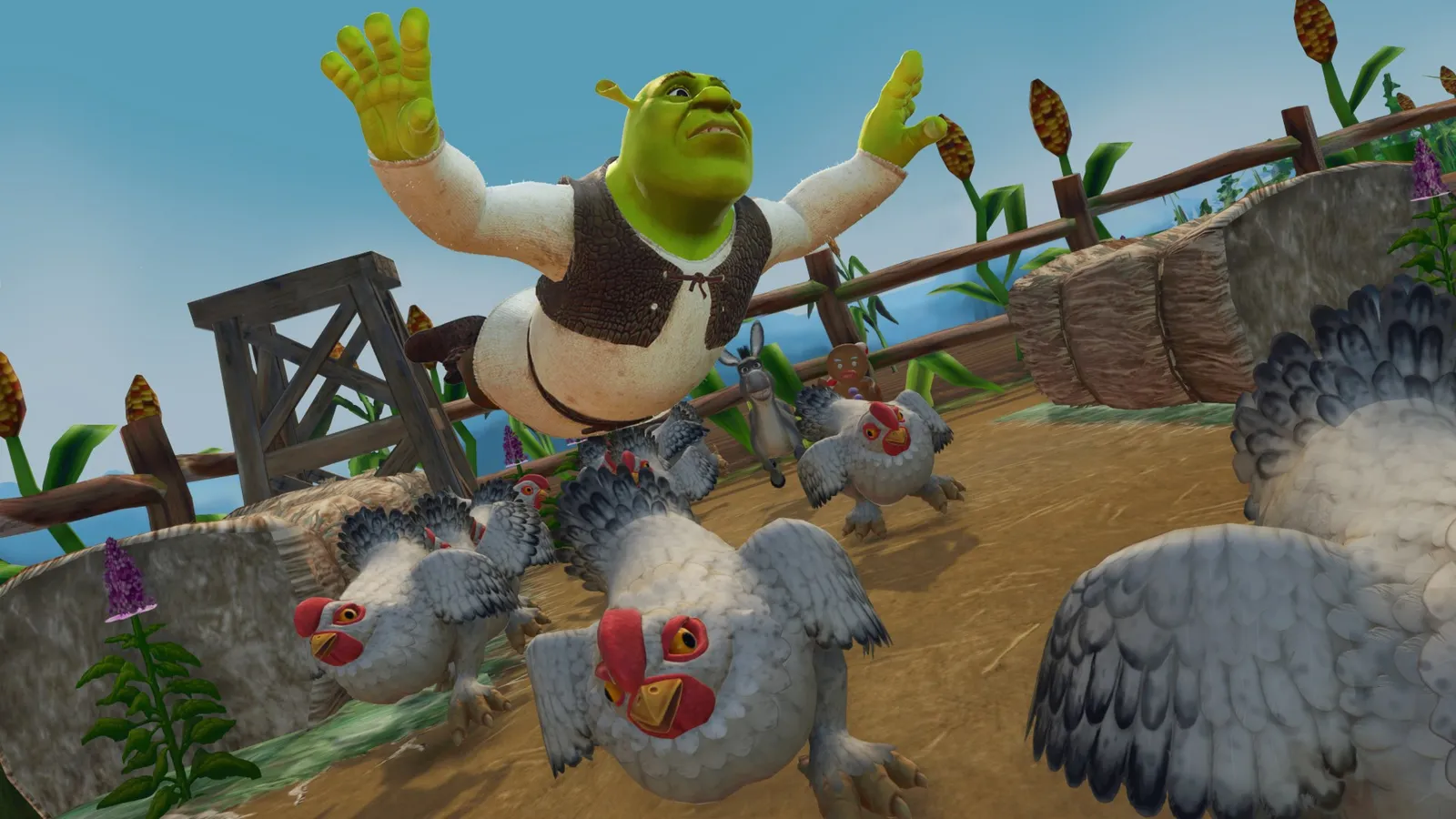 Шрек в прыжке над курами на ферме, кадр из ремастера Shrek 2