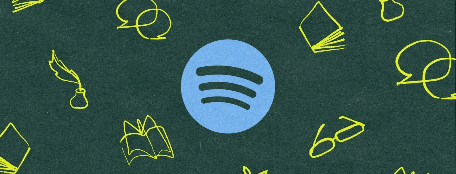 Логотип Spotify среди рисованных книг, очков и чернильницы