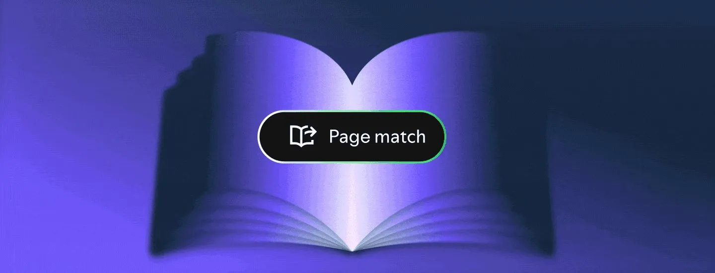 Кнопка Page match на фоне раскрытой книги