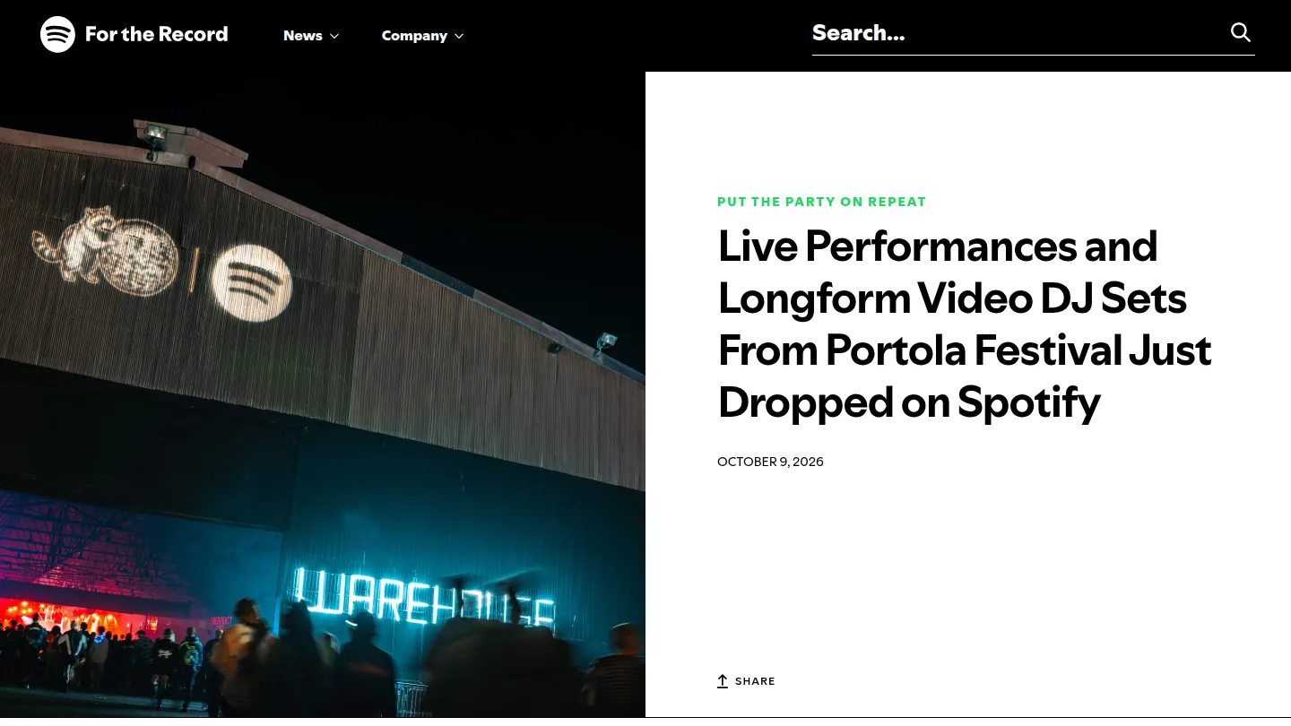 Страница анонса Spotify о видео с фестиваля Portola
