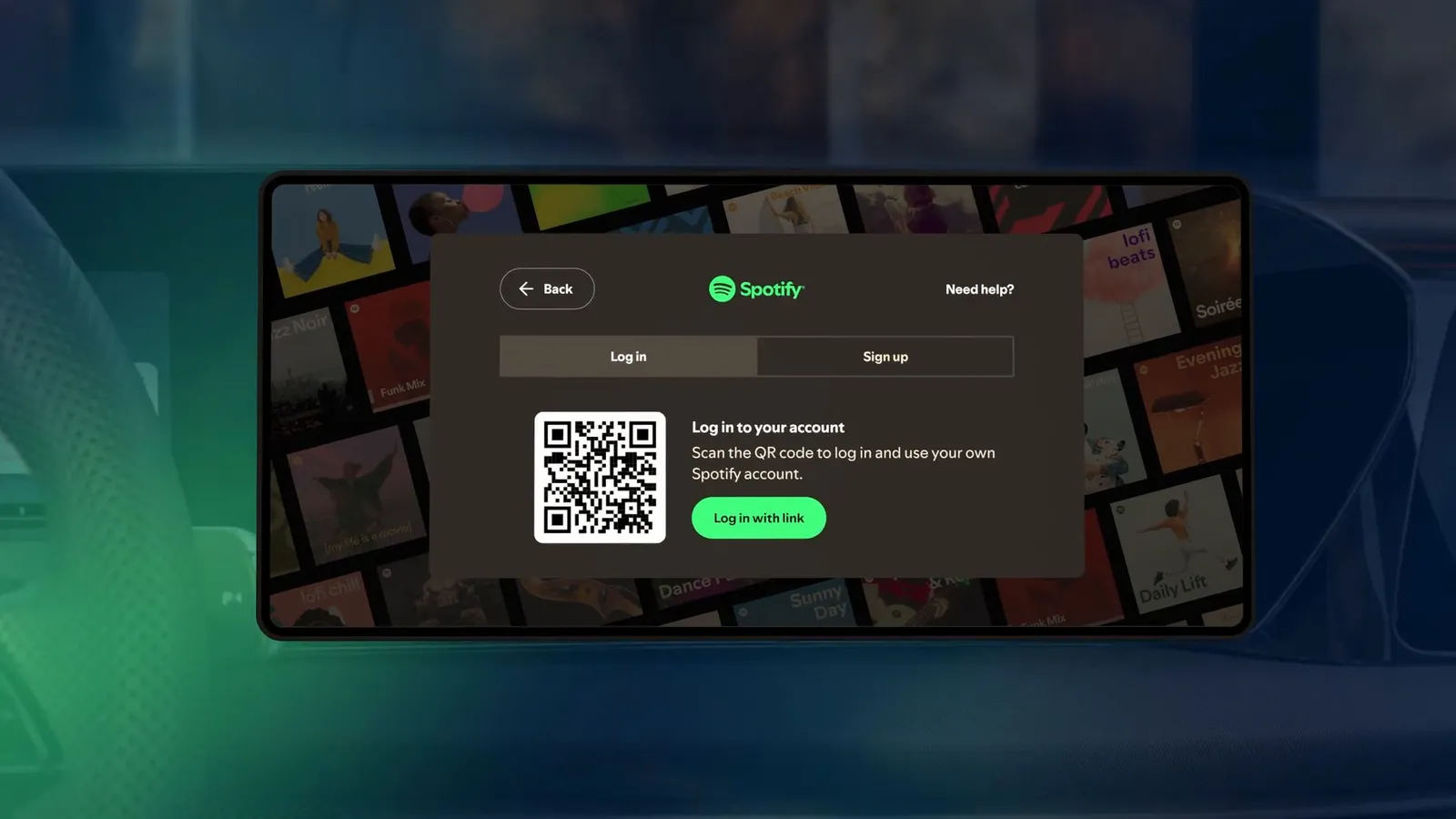 Экран входа Spotify в Audi с QR-кодом и кнопкой входа по ссылке