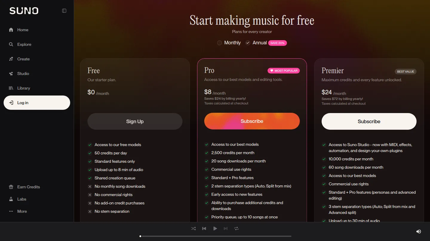 Страница тарифов Suno: Free, Pro и Premier