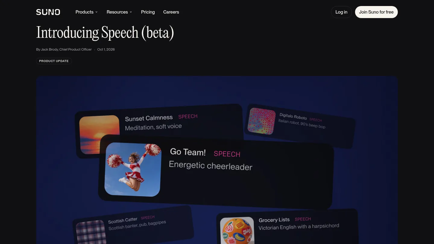 Страница анонса Introducing Speech (beta) в блоге Suno