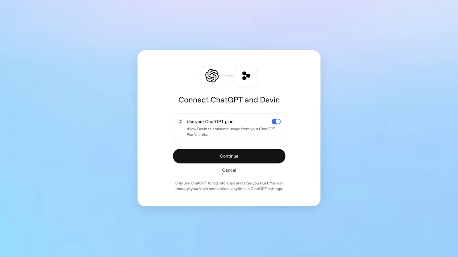 Окно подключения ChatGPT к Devin с переключателем Use your ChatGPT plan
