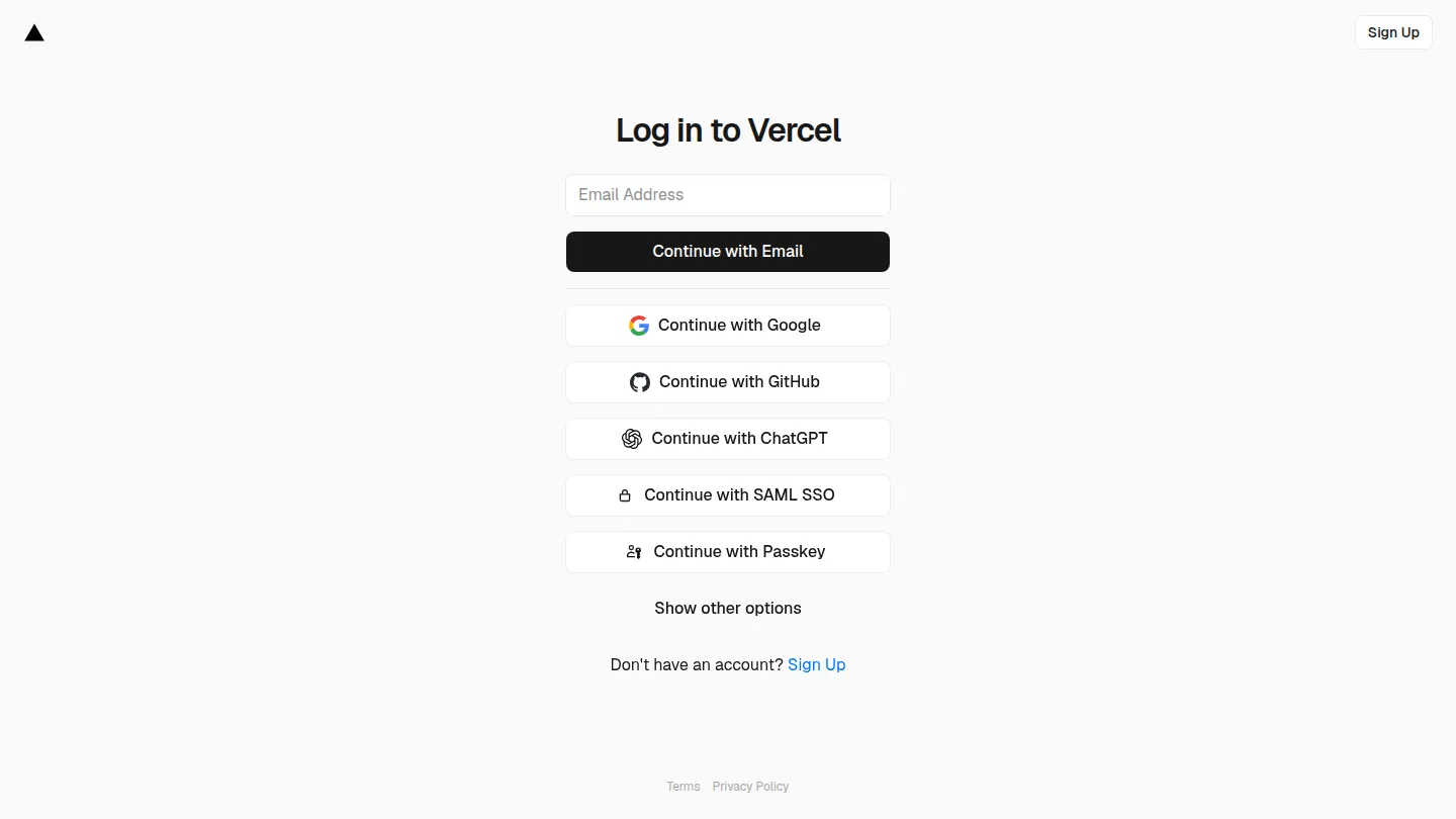 Страница входа Vercel с кнопкой Continue with ChatGPT