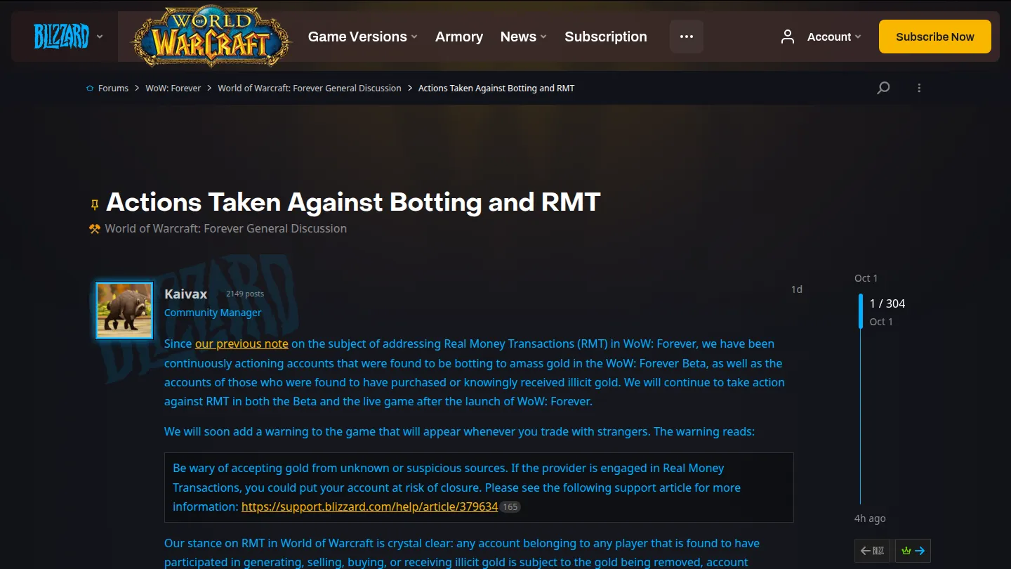 Пост Kaivax на форуме Blizzard о борьбе с ботами и торговлей золотом