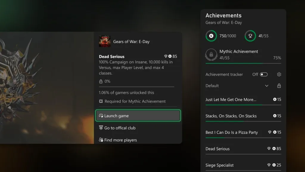 Шкала прогресса до Mythic Achievement в Guide Xbox: 41 из 55, 75%